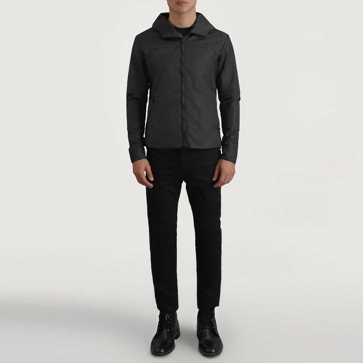 
Wesley Чорний Hooded Windbreaker Шкіряна куртка для Чоловіків - Вигляд збоку з ергономічним кроєм рукава