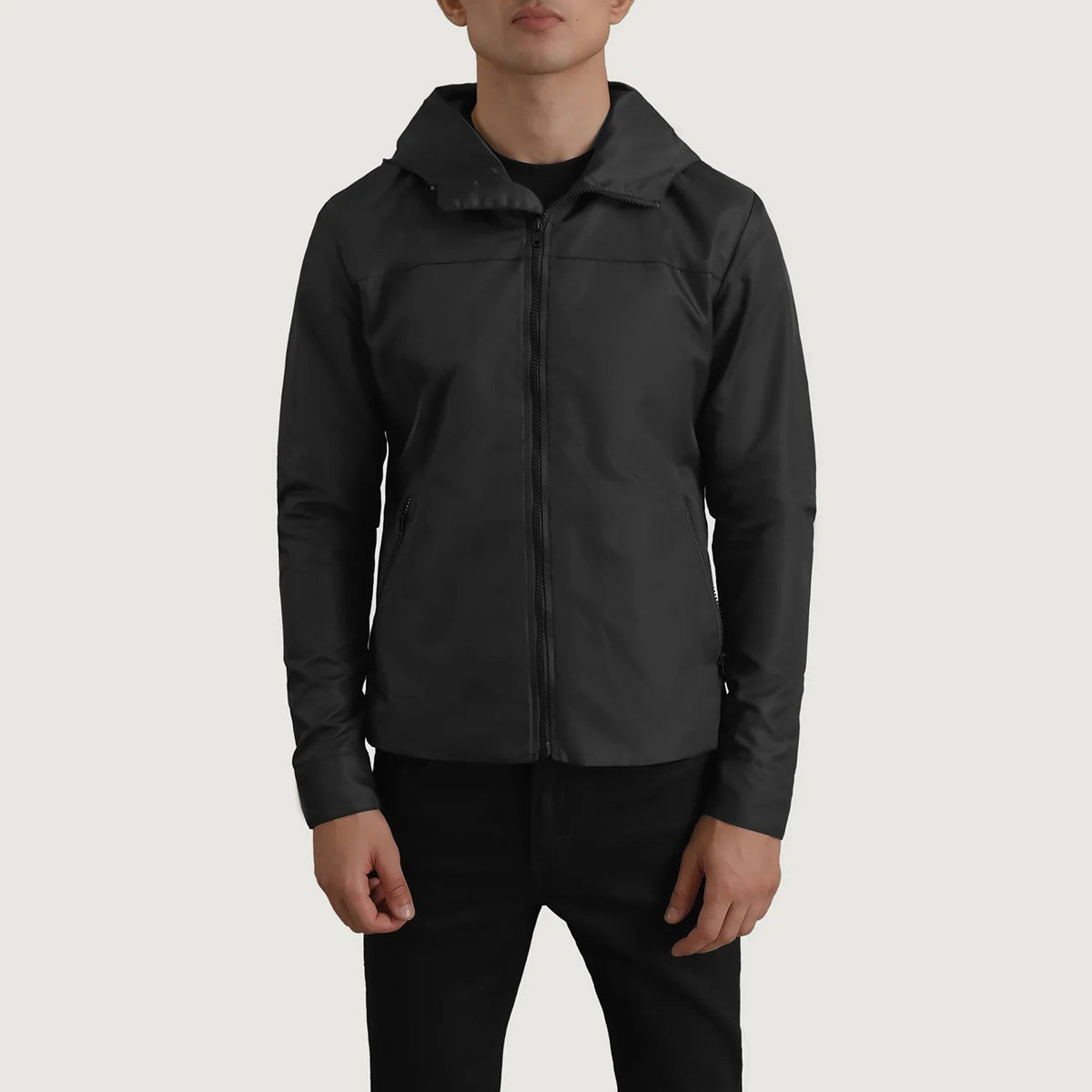 
Крупний план деталей of Classic Collar & Zipper With Inside Wind Flap. Hardware on Wesley Чорний Hooded Windbreaker Шкіряна куртка для Чоловіків
