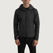 
Крупний план деталей of Classic Collar & Zipper With Inside Wind Flap. Hardware on Wesley Чорний Hooded Windbreaker Шкіряна куртка для Чоловіків