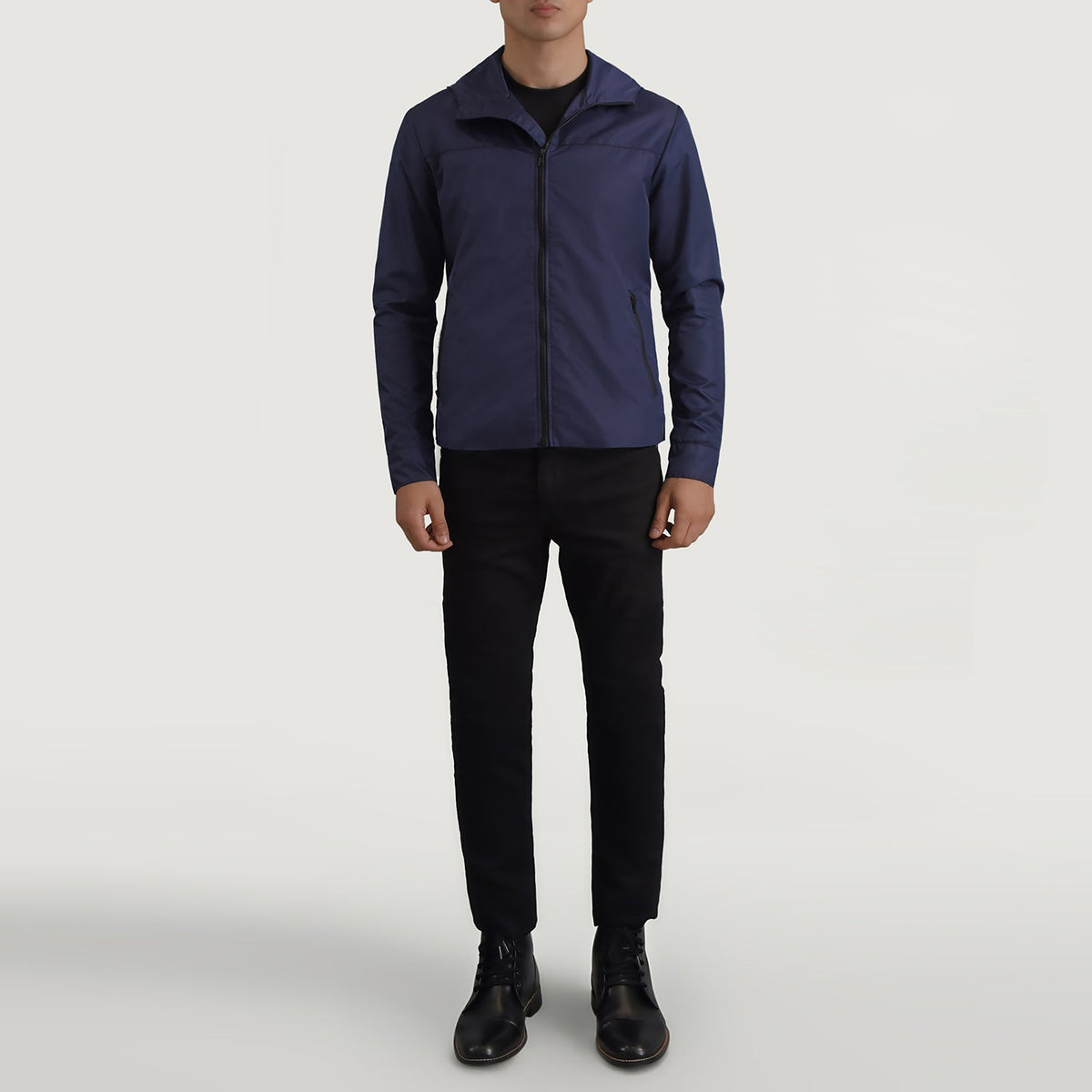 
Wesley Синій Hooded Windbreaker Шкіряна куртка для Чоловіків - Вигляд збоку з ергономічним кроєм рукава