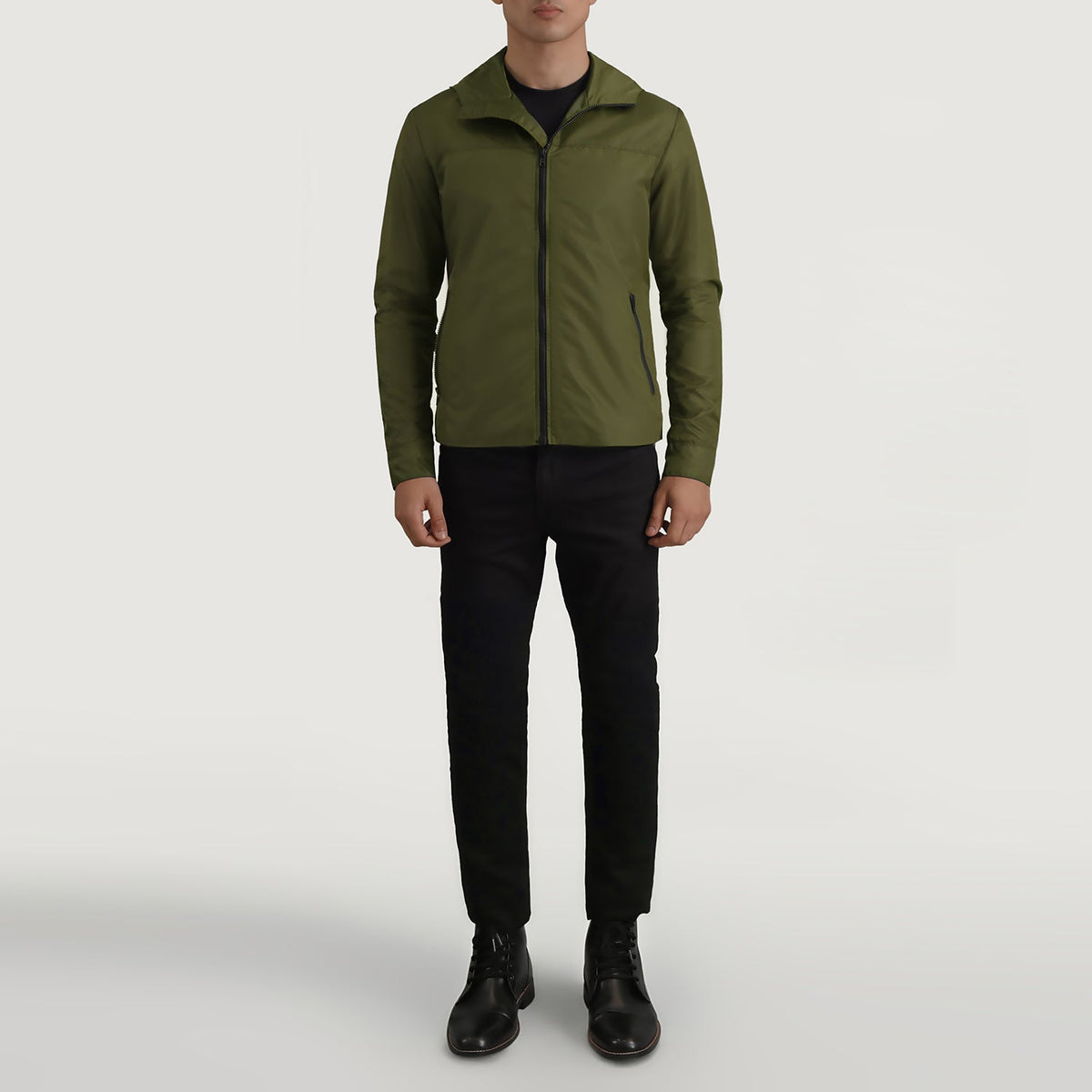 
Wesley Оливковий Hooded Windbreaker Шкіряна куртка для Чоловіків - Вигляд збоку з ергономічним кроєм рукава