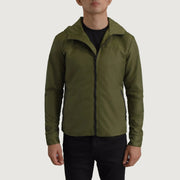 
Крупний план деталей of Classic Collar & Zipper With Inside Wind Flap. Hardware on Wesley Оливковий Hooded Windbreaker Шкіряна куртка для Чоловіків