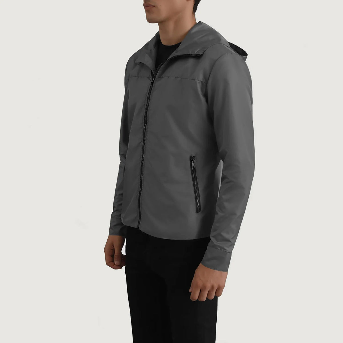 
Grey Full-Grain Leather Hooded Jacket - Вигляд ззаду з ідеальною посадкою по плечах та рівним подолом