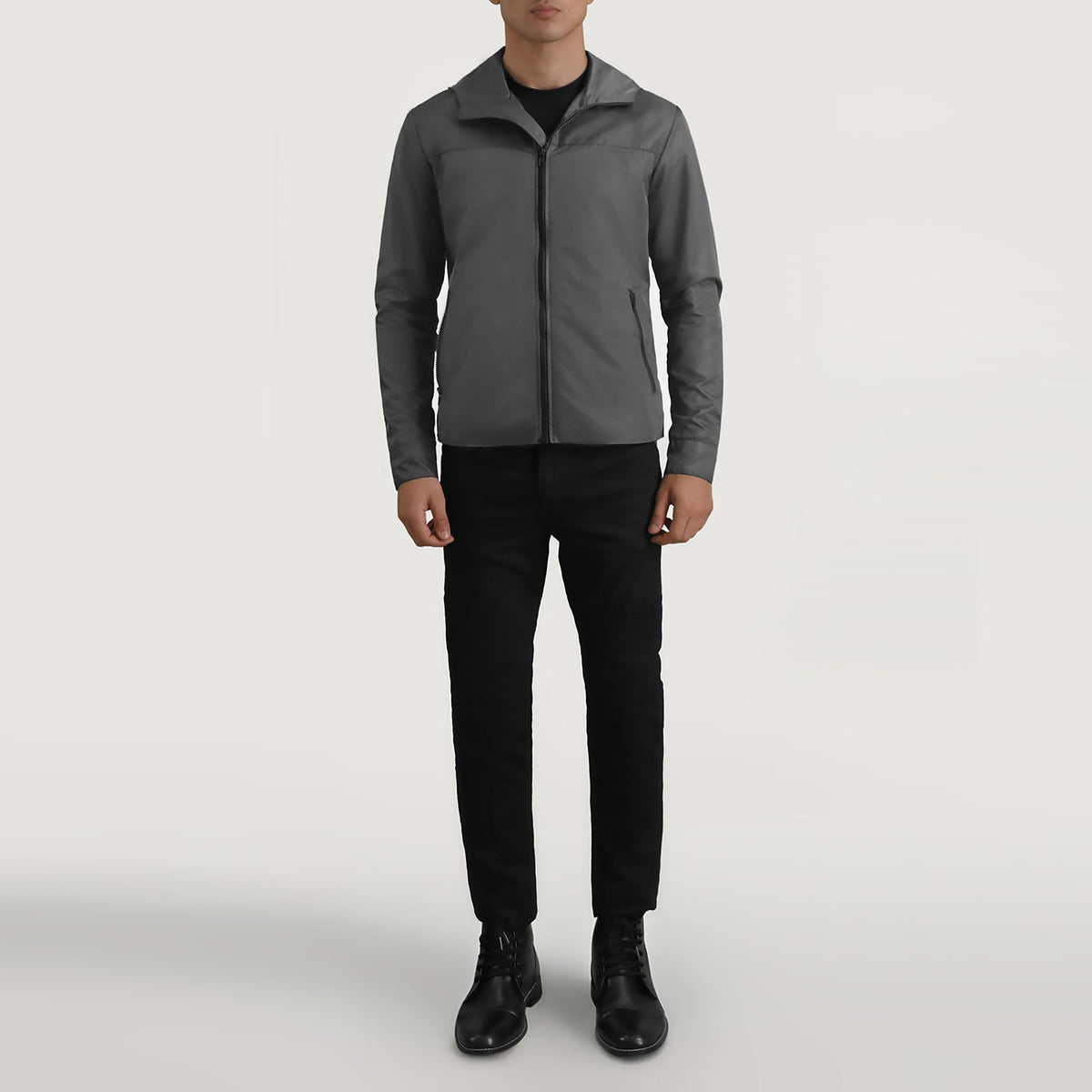 
Wesley Grey Hooded Windbreaker Шкіряна куртка для Чоловіків - Вигляд збоку з ергономічним кроєм рукава
