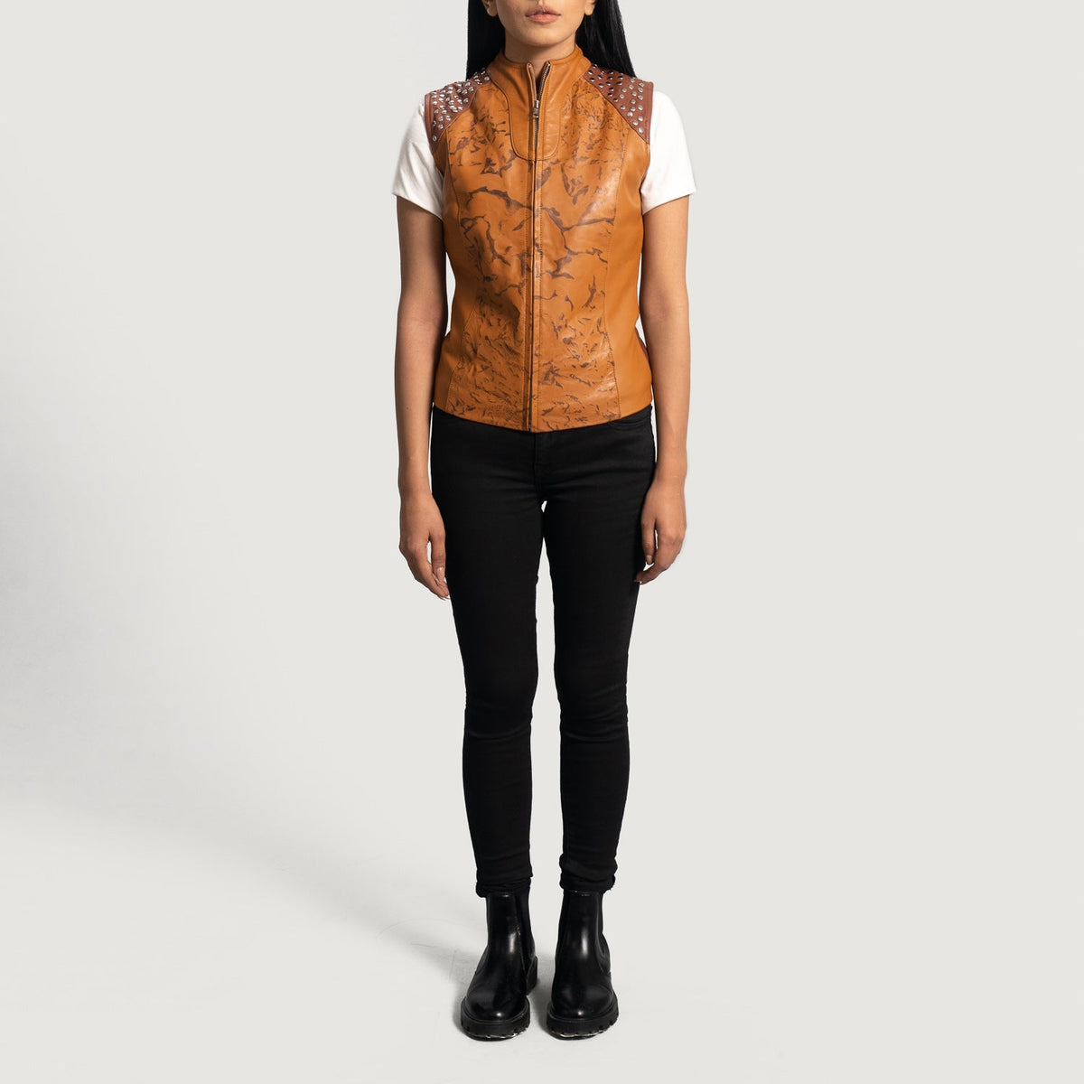 
Крупний план деталей of Classic Collar & Zipper Hardware on Westina Рудий Dye Шкіряний жилет для Жінок