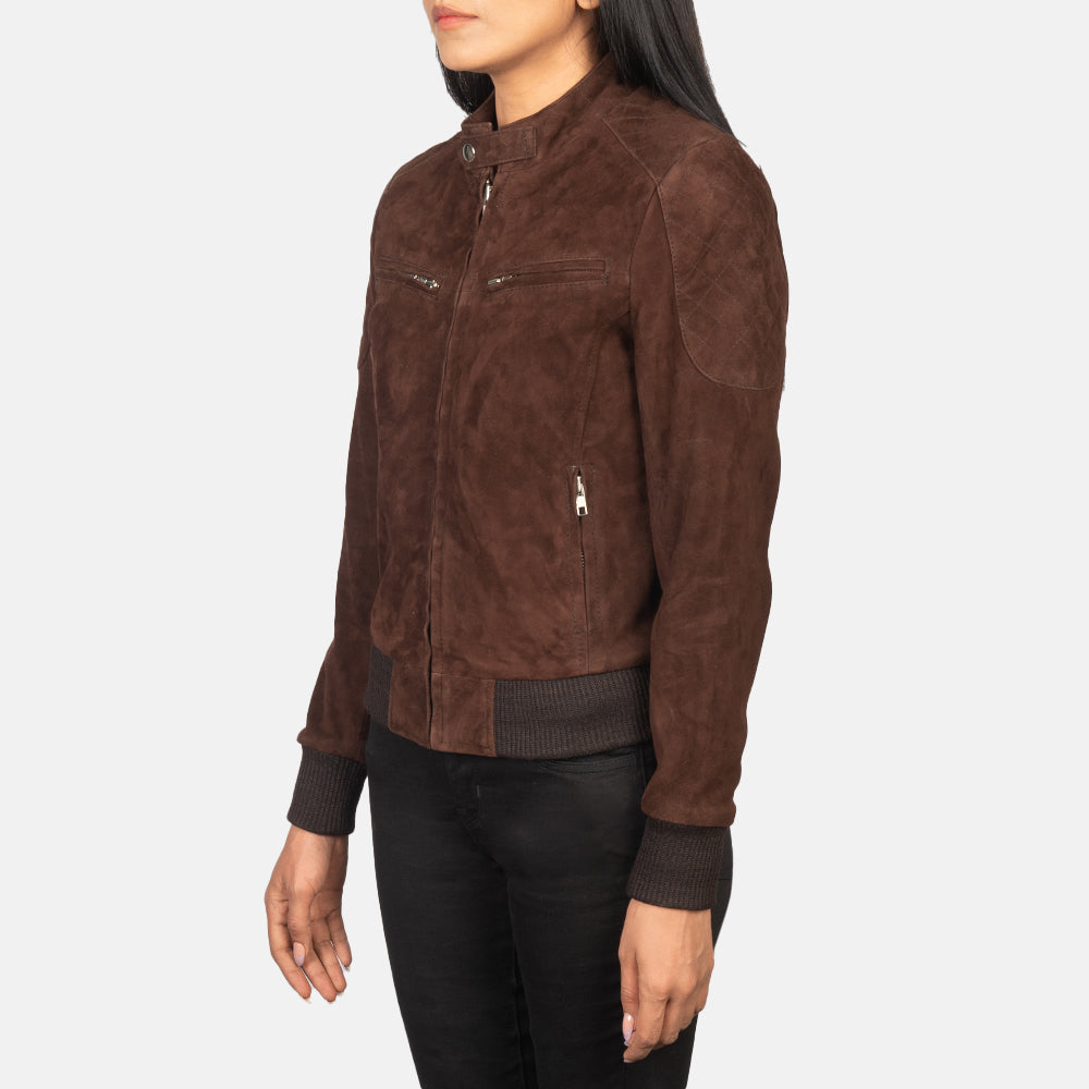 
Brown Goat Suede Bomber Jacket - Вигляд ззаду з ідеальною посадкою по плечах та рівним подолом
